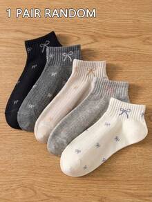 1/5双装女士纯色休闲蝴蝶结短袜，柔软舒适，适合日常、户外、运动穿着，四季皆宜，颜色随机。 - 彩色 - 查看 6