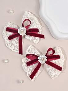 2pcs White Lace Hair Clips, Faux Pearl Hair Pins, Suitable For Girls, Wedding, Theme Party Gifts - Multicolor - View 5