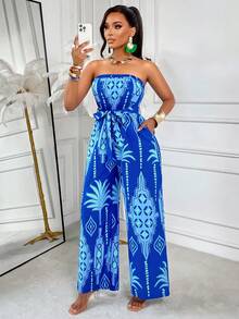 AIJ Amarilo Summer Blue Floral Print Jumpsuit, Casual Vacation Style, Latest Spring/Summer Women's Printed Jumpsuit (Random Pattern) - Blue - View 2