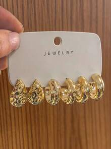 Set de 6-18 pendientes de aro grandes en forma de C dorados de moda para mujeres, que incluye diseños florales, geométricos y texturizados, adecuados para combinar con varios estilos - Dorado - Ver 7