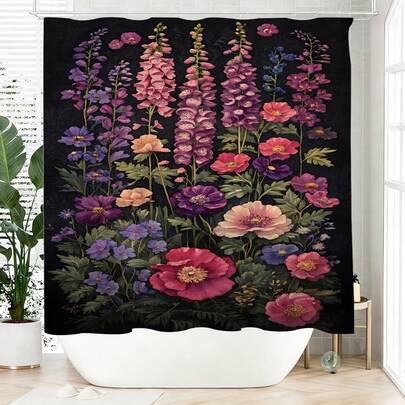 1件艺术花卉图案浴帘，涤纶材质，防水，不遮光，适合家居和浴室装饰，配有12个挂钩