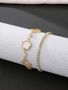 2件套奢华优雅水晶镂空四叶草网球手链套装，多层四叶草手链，日常及派对必备饰品 - 五葉花手鍊 - 查看 1