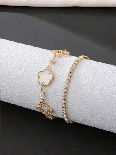 2件套奢华优雅水晶镂空四叶草网球手链套装，多层四叶草手链，日常及派对必备饰品