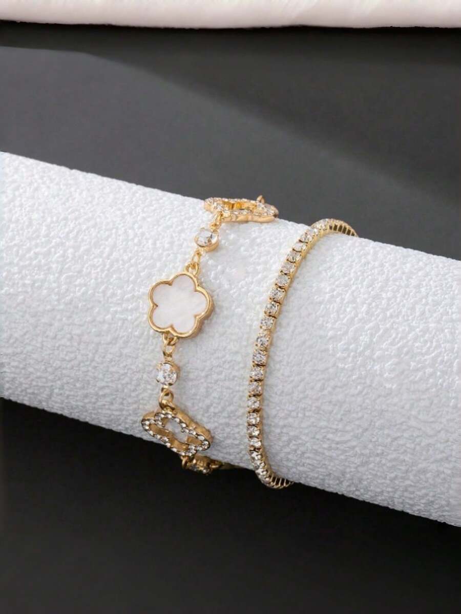 2件套奢华优雅水晶镂空四叶草网球手链套装，多层四叶草手链，日常及派对必备饰品 - 五葉花手鍊 - 查看 1