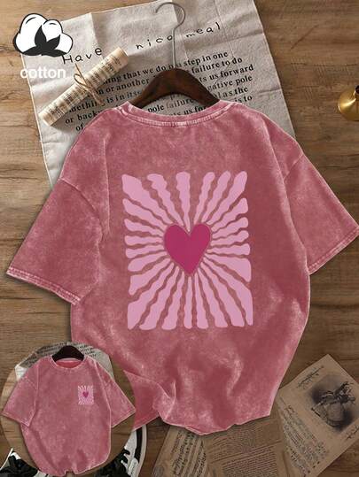 Áo thun nữ tay ngắn cổ tròn in hình trái tim, kiểu dáng thường ngày, thích hợp cho mùa xuân, hè và thu.