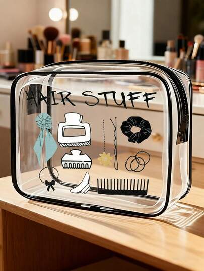 PVC材质发饰洗漱包，PVC旅行收纳包，拉链封口 - 轻便防褪色化妆洗漱包，女士/女孩适用，便携式化妆盒，易于擦拭清洁，科技感十足的收纳包 | 现代美学 | 防褪色材质，旅行必备，度假/暑假/返校/上学用品包，学校洗漱包，旅行防水洗漱包