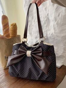 新款复古波点大容量单肩包，蝴蝶结蕾丝时尚通勤腋下包，独特ins风手提包 - 黑色 - 查看 1