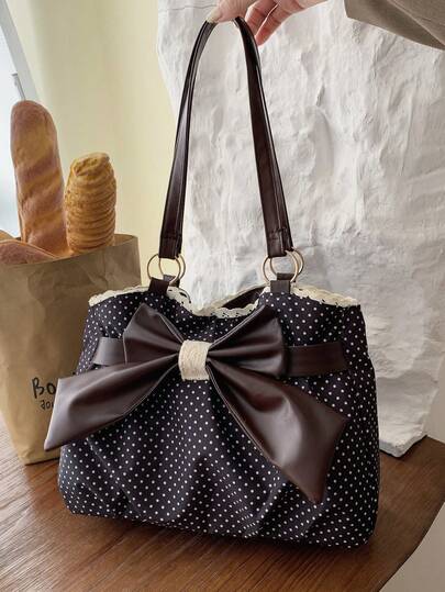 New Retro Polka Dot Large Capacity Shoulder Bag, Bow Lace Fashion Commuter Underarm Bag, Unique Ins Chic Tote Bag