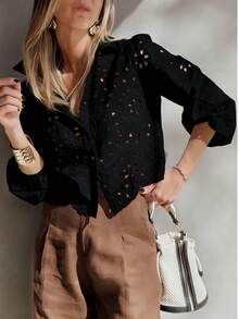 Women's Solid Color Hollow Embroidered Vacation Shirt - Black - View 2