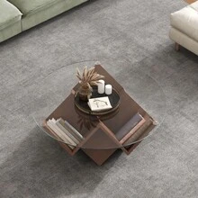 Mesa de Centro Redonda con Tapa de Cristal y Estantes de Almacenamiento con Base Geométrica Abstracta de Estilo Art Déco, Nogal, 35.4" - 1 - Ver 8