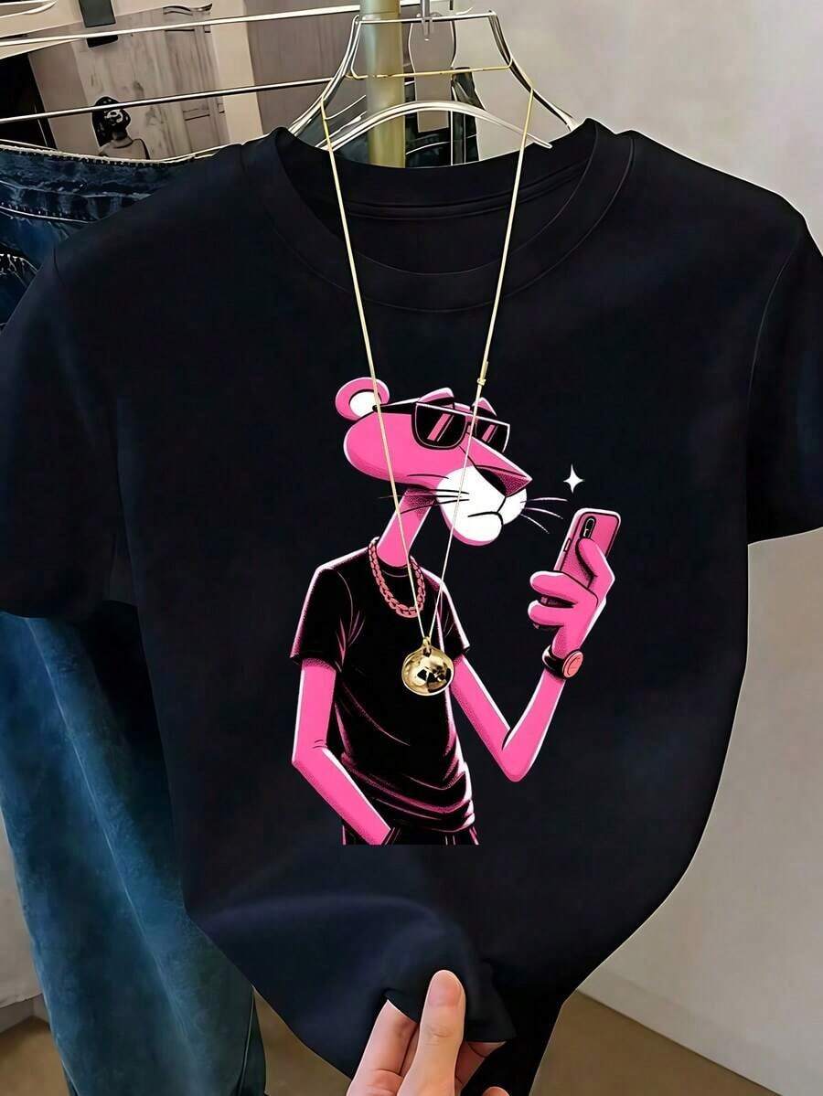 Women's White T-Shirt With Graphic And Sunglasses, Retro Cartoon Aesthetic Short Sleeve T-Shirt, Fun Modern Top, Casual Street Fashion Blouse - 彩色 - 查看 1