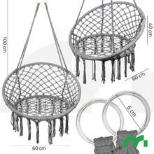 Boho Macrame Hanging Hammock Chair with Fringe – Black White Grey Rope Swing Seat, Heavy Duty Capacity, Indoor Outdoor Hanging Chair for Garden, Patio, Balcony, Bedroom - 彩色 - 查看 5