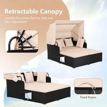 Patio Rattan Daybed Lounge Retractable Top Canopy Side Tables Cushions - 米色 - 查看 7