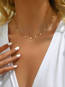 1 pièce Collier en acier inoxydable plaqué or 18 carats pour femmes, design de chaîne à perles rondes - bijou de chaîne élégant, convient pour le port quotidien et les vacances, accessoire polyvalent pour toute l'année (quantité de pendentifs aléatoire) - Doré - Voir 4