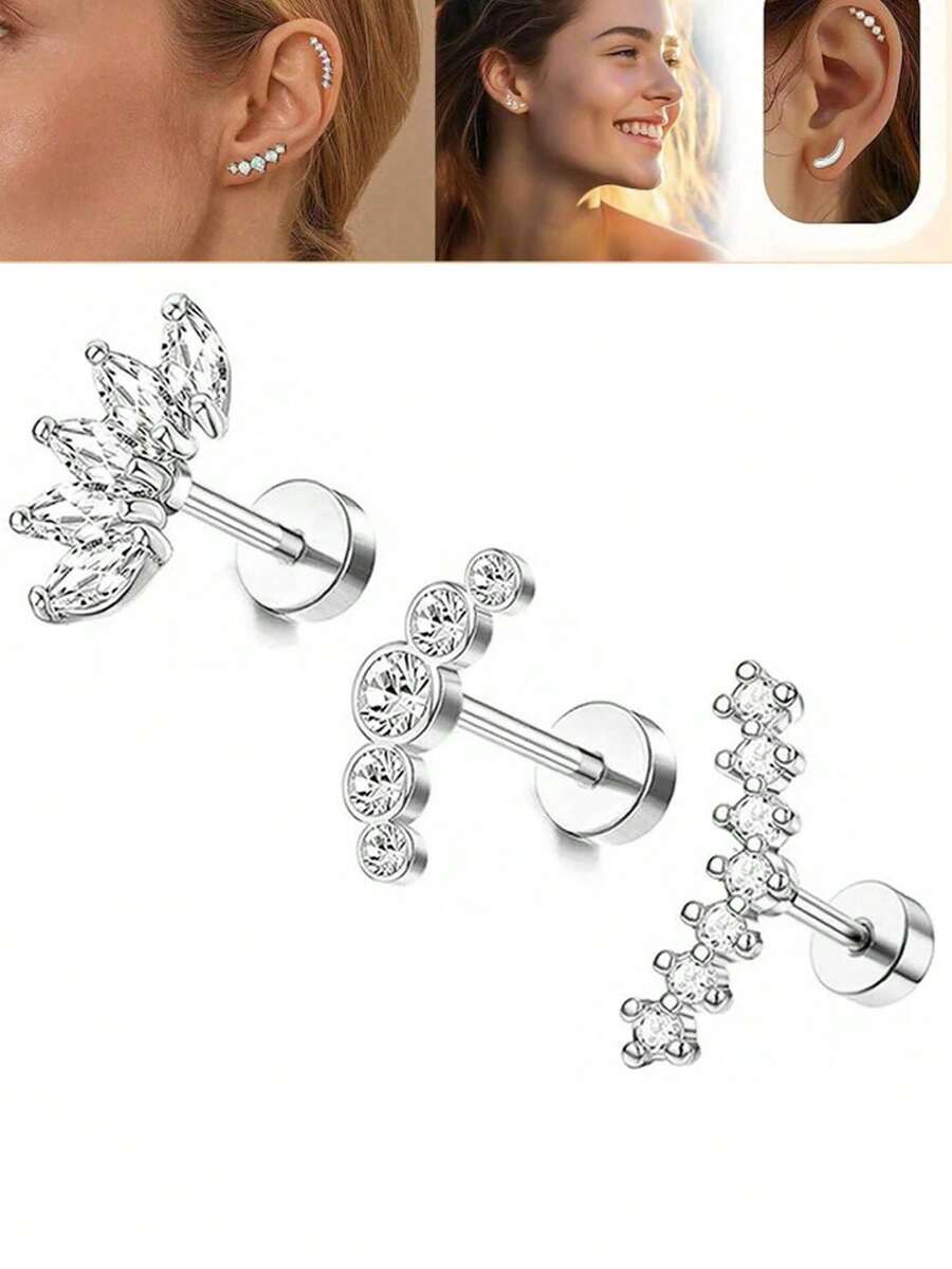 3pcs/Set 16G Flat Cartilage Earrings, Ear Piercing Jewelry, Women's Stainless Steel Zirconia Ear Cartilage Helix Piercing Accessories, Flower Spiral Earring Set - Silver Stud Earring - View 1