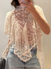 Boho Women Summer Lace T-Shirt Casual Sheer Irregular Ruffled Flutter Sleeves Tops For Streetwear Grunge Clothes - trắng - Xem 1