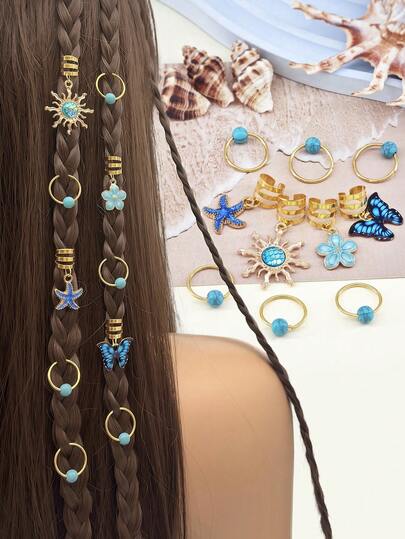 Conjunto de 10 acessórios de cabelo em estilo boêmio na cor turquesa, incluindo presilhas e elásticos de cabelo em liga metálica.