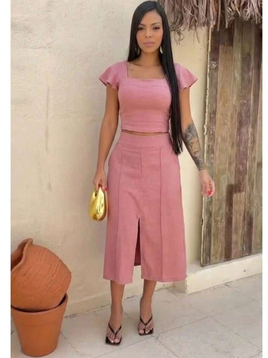 Women's Tailored Set: Cropped Top With Ruffled Sleeves, Midi Skirt With Front Slit, High Waist. Elegant Women's Fashion Set ✨ Casual, Vacation, Beach - 玫瑰 - 查看 1