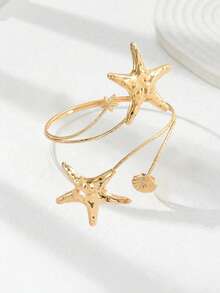 1件装夏季度假海洋风女士时尚手链，波西米亚海洋生物系列，海星和扇贝造型可调节扣环，夸张金属风格臂环，日常海滩度假、休闲、节日礼物百搭配饰 - 金色 - 查看 2