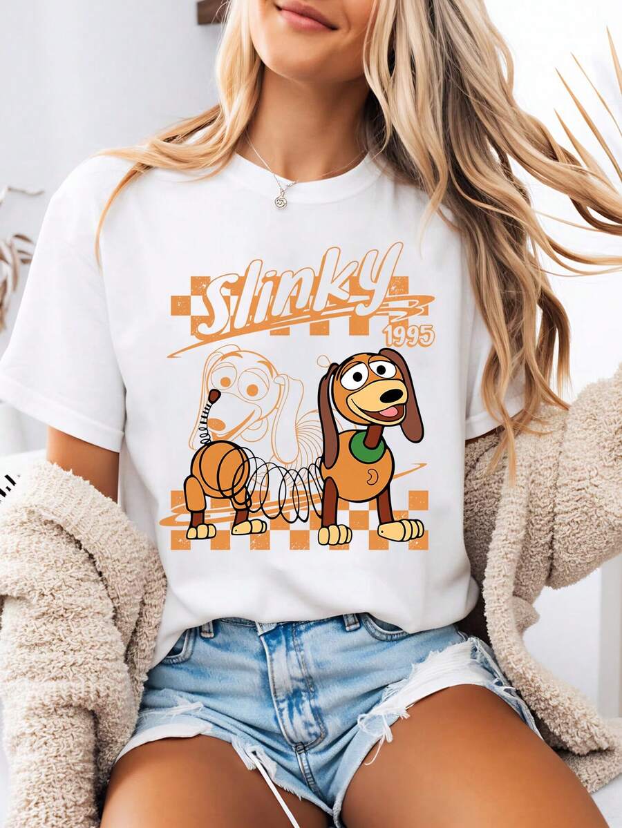 Disney-Style Women's Printed T-Shirt Featuring A Vintage-Inspired Toy Story Slinky Dog Cartoon Print. This Round-Neck Summer Top Is Crafted From Soft, Comfortable 100% Cotton Fabric, Perfect For Everyday Wear, Outdoor Activities, Or Shopping. It Also Makes An Ideal Choice For Women - White - View 1