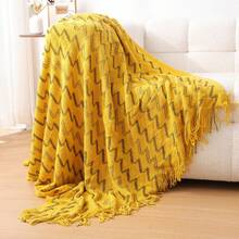 Chăn len dệt kim trang trí có tua rua ấm áp - Mềm mại & Nhẹ - Thích hợp cho ghế sofa, giường ngủ và du lịch - Phong cách nhà nông màu kaki và kem - Khăn quàng cổ AB màu vàng - Xem 6