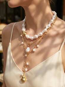 3pcs Exaggerated Irregular Pearl Tassel Layered Necklace, Suitable For Women's Daily, Travel, Party Wear - Multicolor - View 2