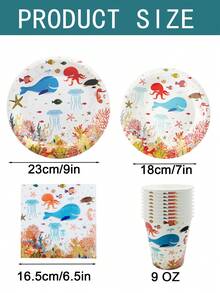 10件套海洋主题婴儿派对/生日派对用品，海底世界海洋动物装饰餐盘、杯子、餐巾纸和餐具，适合10位客人 - 查看 2