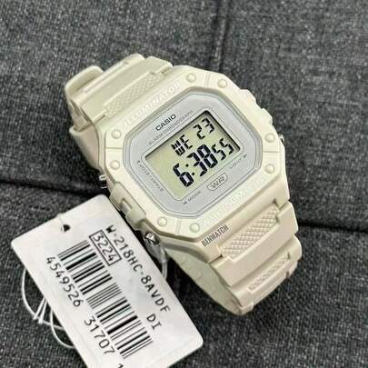 Casio 卡西欧 W-218HC 乳白色方形数字手表，50米防水，LED 背光，多功能，学生运动腕表