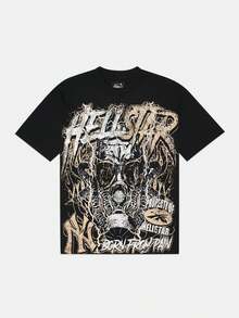 Hellstars Born From Pain Gas Mask Y2K Graphic T-Shirt,220g 100% Cotton,Round Neck Short Sleeve,Black Streetwear Essential For Summer Going Out,Unisex Style - 黑色 - 查看 1