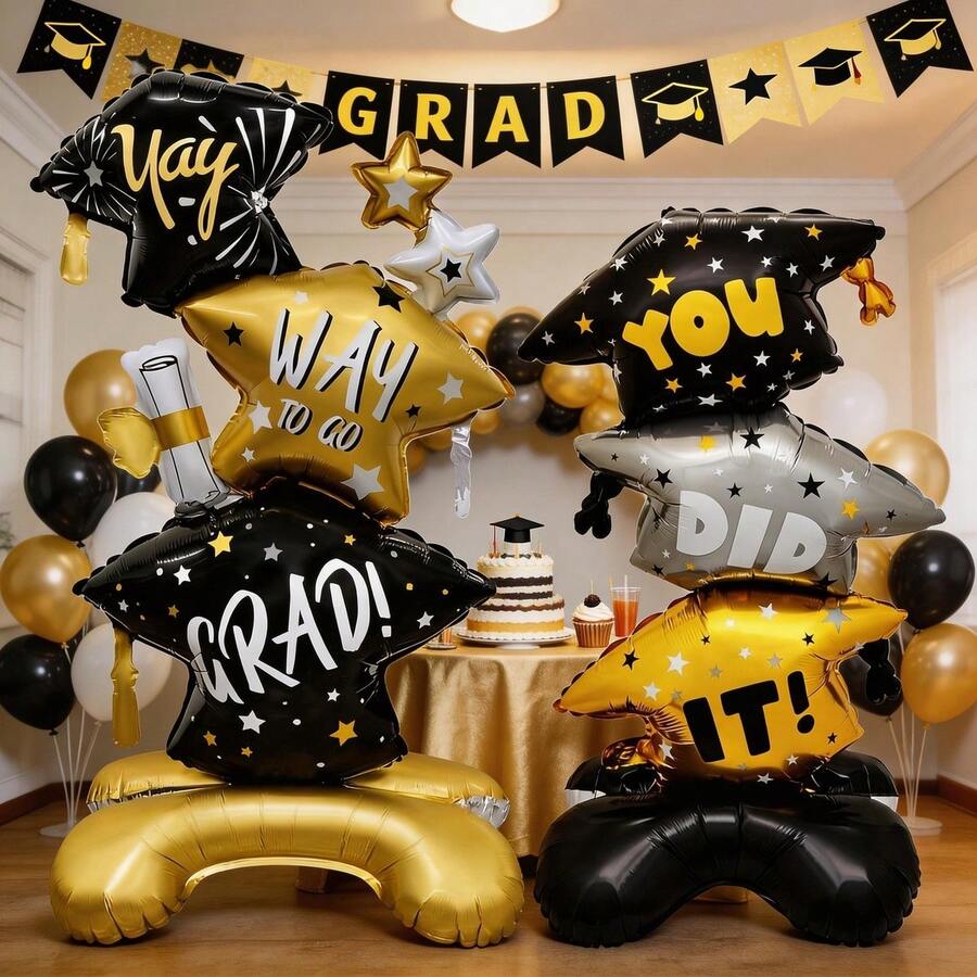 2 piezas Gorro de graduación gigante inflable, adecuado para decoración de fiesta de graduación, globos de papel de aluminio para celebración de graduación universitaria - multicolor - Ver 1