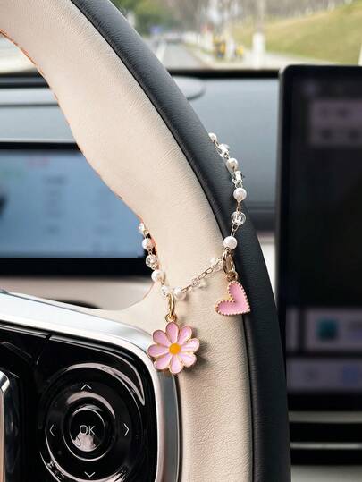 1 pieza Accesorio de decoración floral para volante de coche, colgante personalizado con forma de corazón para interior de coche