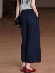 女士休闲波西米亚风白色松紧腰带口袋亚麻阔腿裤，春夏款 - 寶藍色 - 查看 3