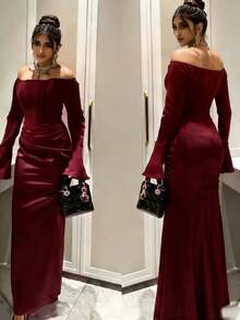 Solid Color Elegant Sexy Zipper Off Shoulder Long Sleeve Formal Evening Dress, Suitable For Formal Dinners Wedding Party - Burgundy - View 1