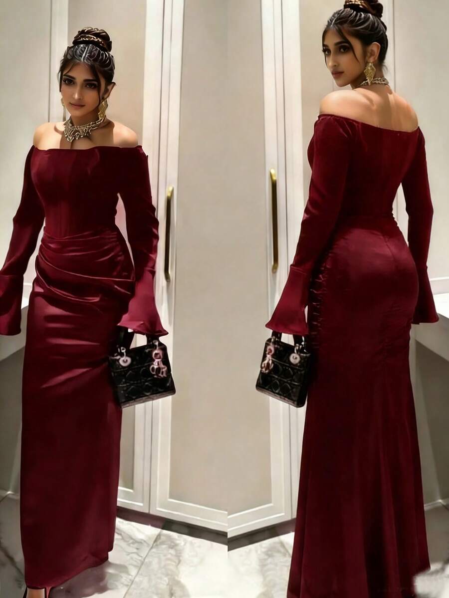 Solid Color Elegant Sexy Zipper Off Shoulder Long Sleeve Formal Evening Dress, Suitable For Formal Dinners Wedding Party - Burgundy - View 1