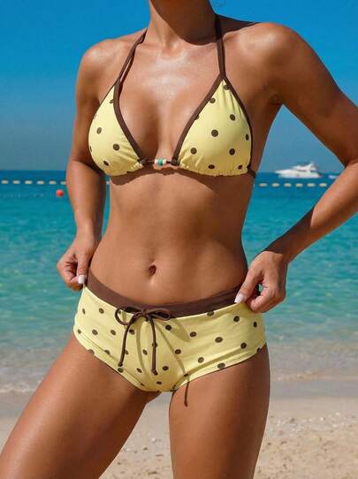 Sultry Sol Women's Retro Yellow Polka Dot Print Contrast Color Bikini Swimsuit Set, Suitable For Outing/Birthday/Casual/Y2K/2000s/Millennium/Elegant/Vintage/Streetwear/Vacation/Beach Outfit