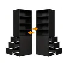180 Cm High, Extra Narrow Bookcase With Side Drawers - Adjustable Shelves, Interchangeable Left And Right, Suitable For Small Spaces - Sideboard, Living Room Cabinet, Bookcase - Black - View 5