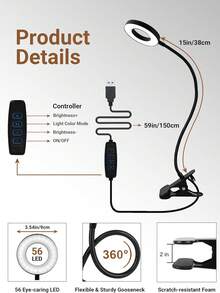 USB LED Desk Lamp Clip On Light, 3 Light Mode 10 Dimmable Brightness Eye Caring Book 360°Adjustable Reading Lights For Books In Bed, Bedside Table, Study, Craft - Multicolor - View 4