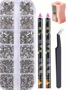 Multi-Size AB Crystal Rhinestone Nail Art Decoration Set, Flat Back Transparent Crystal Rhinestones DIY Nail Decor With Nail Wax Pencil, Tweezers And Other Nail Art Supplies - Multicolor - View 3