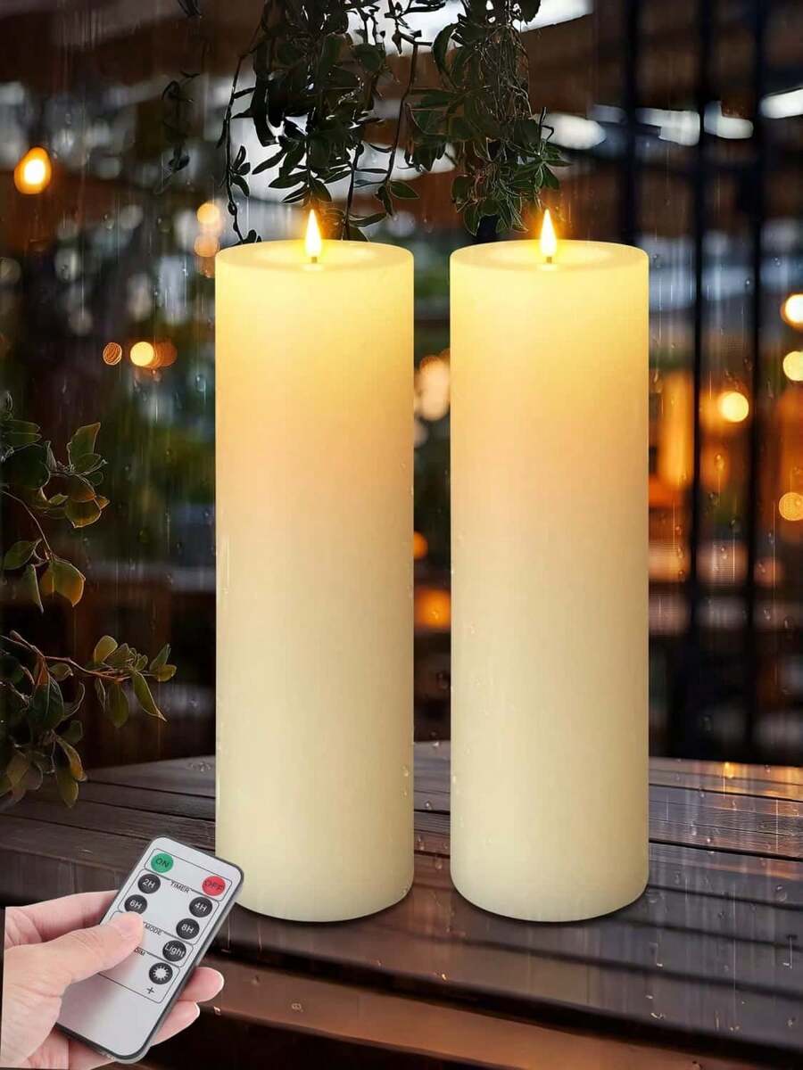 12" X 4" Large Outdoor Flameless LED Candle, Waterproof Flickering, Timer, Battery Powered With Remote, Realistic Pillar Candle, Suitable For Patio Porch Lanterns, Ivory 1/2 Pack
