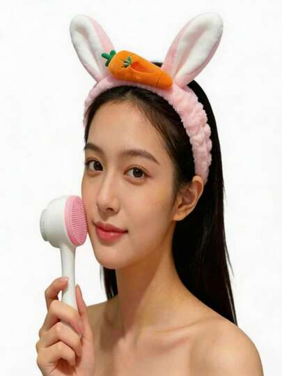 2pcs Set, Home Living, Mini Fashionable Portable Washing Hair Cover Cartoon Rabbit Ear Carrot Hair Band + Double-Sided Facial Cleansing Brush Set, Creative Design, Made Of Quality PBT Soft Bristles/ABS Handle + Flannel, Suitable For All Seasons, Unisex, Ideal As Gift, Applicable For Eye & Face Massage, Daily Necessity