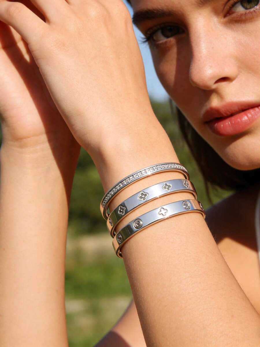 1 pieza/3 piezas Brazalete minimalista de acero inoxidable con acentos de vidrio, adecuado para el uso diario, fiestas o bodas de mujeres - Plateado - Ver 1