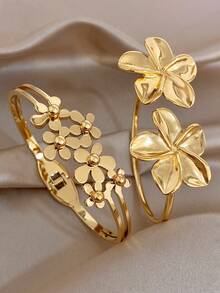 18K Gold Plated Stainless Steel Vintage Elegant Flower Open Bangle Bracelet Set, Women's Bangles, For Women Ladies, Gifts For Mom, For Daily Wear, Weddings, Gala, Suitable For Daily Life, Parties, Dates, Beach, Mother's Day Gift, Valentine's Day Gifts, Spring, Wedding Supplies, Summer Accessories - Multicolor - View 1
