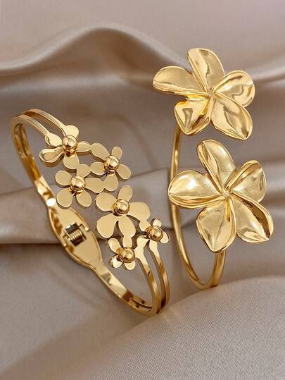 Bộ vòng tay mạ vàng 18K bằng thép không gỉ kiểu dáng cổ điển thanh lịch, hình hoa, dành cho nữ, quà tặng cho mẹ, thích hợp đeo hàng ngày, dự đám cưới, dạ hội, đi biển, quà tặng Ngày của Mẹ, quà tặng Ngày Valentine, mùa xuân, phụ kiện cưới, phụ kiện mùa hè.