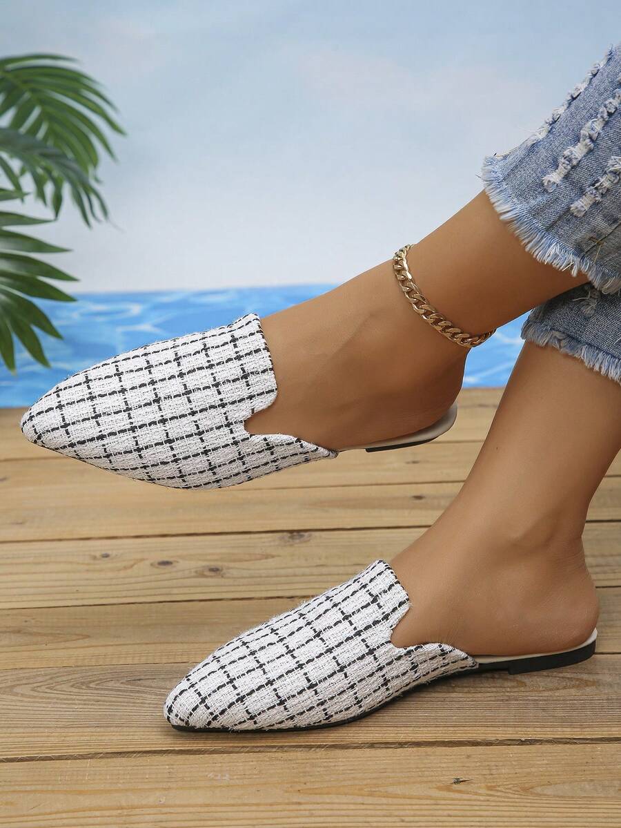 Mocasines planos con puntera puntiaguda de talla grande 35-45, estilo informal deslizante, zapatos cómodos y suaves para el trabajo para mujeres, para primavera/verano/otoño - Rejilla blanca y negra - Ver 1