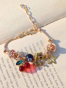 1件豹纹、樱桃、星星吊坠手链、星星女孩手链、豹纹手链、黑色8号球豹纹手链、星星DIY手链 - 銀色 - 查看 6