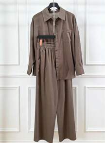 Linen Shirt And Pants Set (2 Pieces), Lined With Elastic. - 深咖色 - 查看 1
