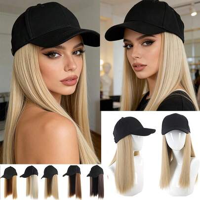 合成长直发运动风棒球帽假发，可调节舒适，适合女性日常佩戴