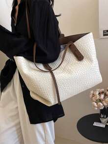 Dedoo Women's Multifunctional Solid Color Woven Pattern PU Leather Handbag, Minimalist Large Capacity Top Handle Shoulder Tote Bag, Casual Lightweight Commuter Tote Suitable For Daily Office, Fashionable Waterproof Square Outdoor Travel Shopping Handbag - White - View 3