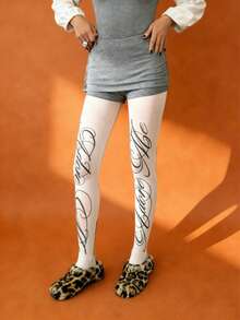 1 Pair Women's Velvet Printed Text Tights, Slim Fit Comfortable Fashionable Sexy Unique, Suitable For Daily Wear, Work Commute And Going Out - Multicolor - View 18