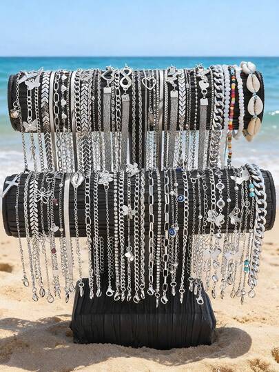 34/19/15/4pcs Fashion Elegant Retro Bohemian Style Faux Pearl Heart Cross Butterfly Infinity Symbol Fish Tail Imitation Shell Star Anklet Set, Suitable For Women, Beach Party, Date, Vacation, Daily Matching, Summer New Versatile Combination